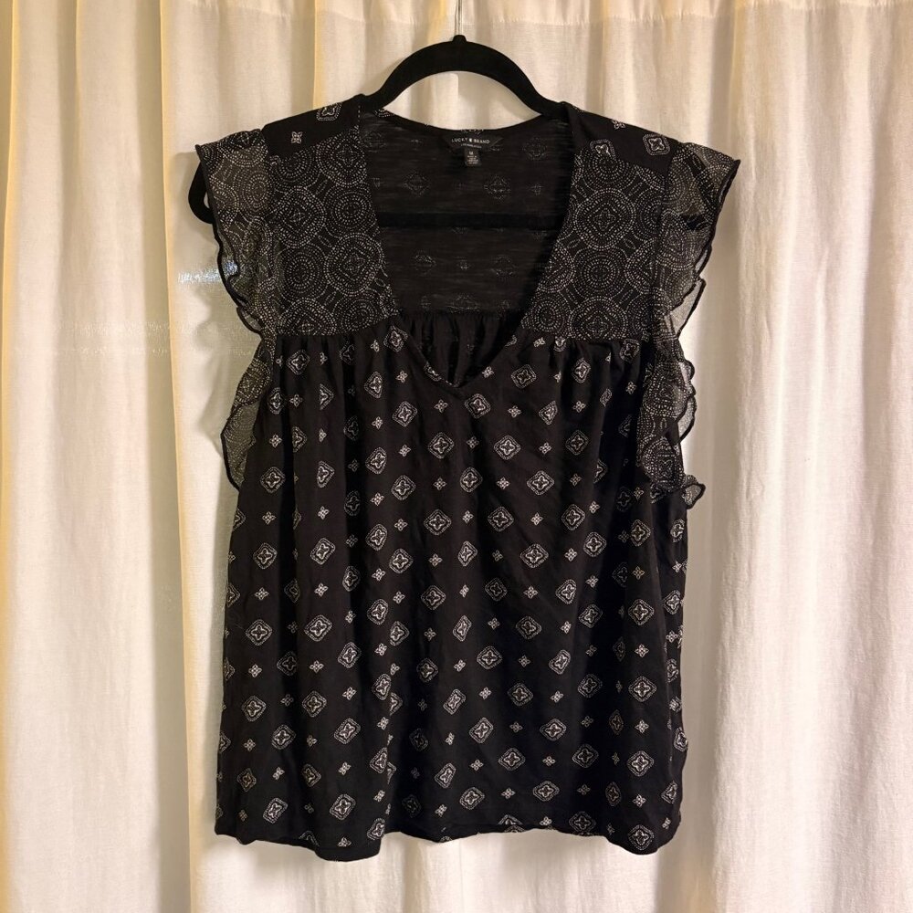 Lucky Brand Black and White Printed Ruffle Tank Top